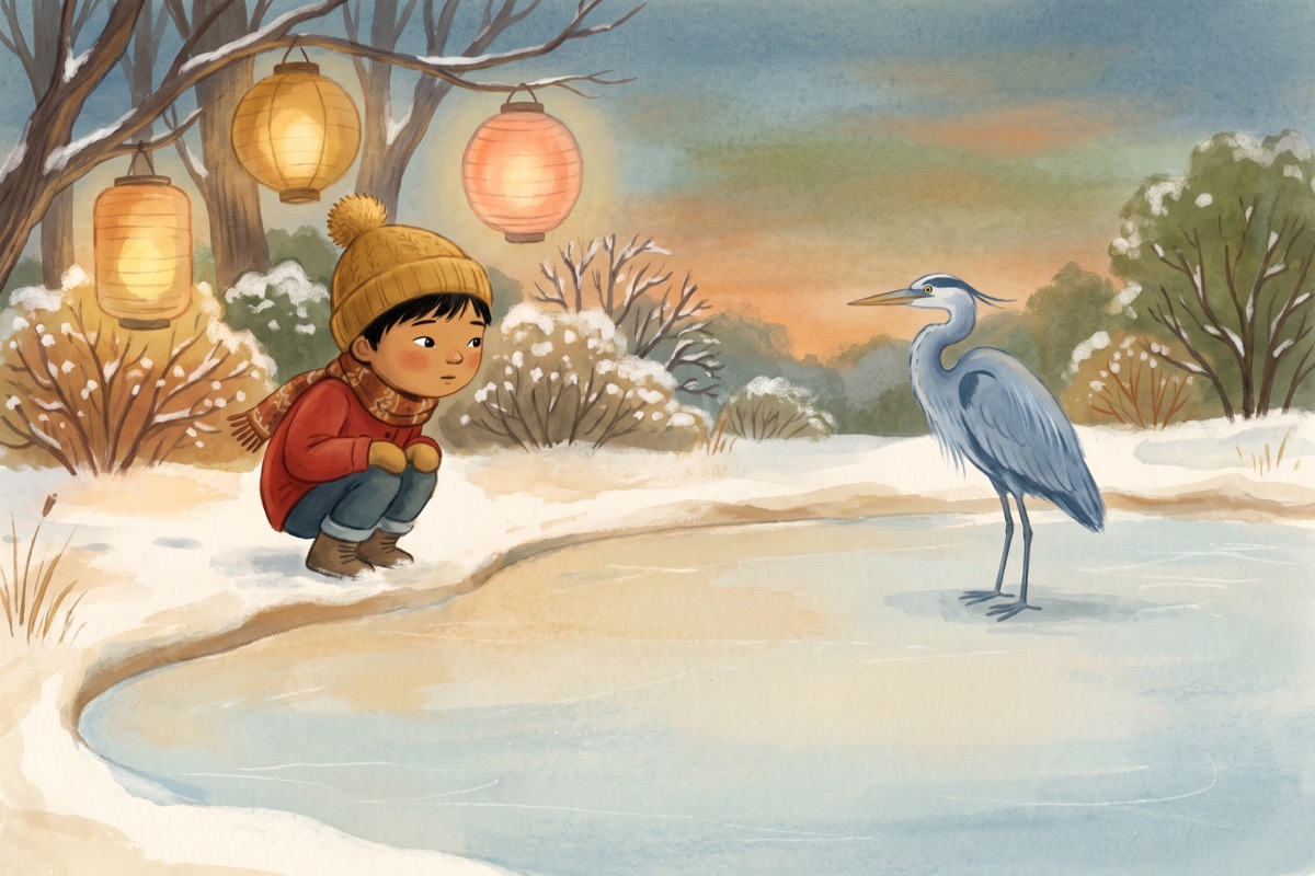 A boy in a mustard bobble hat crouching by a frozen pond at dusk watching a heron