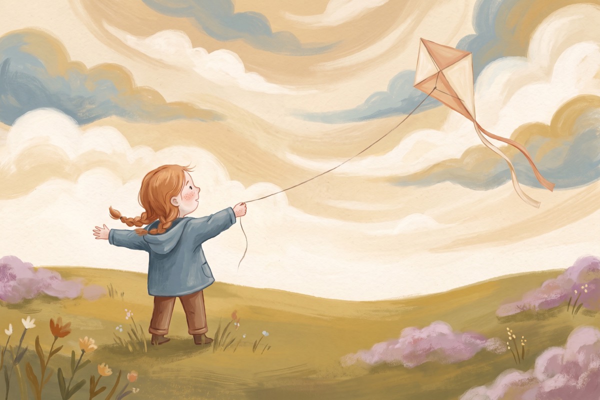 A girl with copper-red hair holding a paper kite on a windy hilltop
