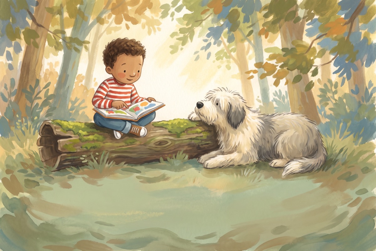 A boy in a red striped jumper reading aloud to a sheepdog on a mossy log
