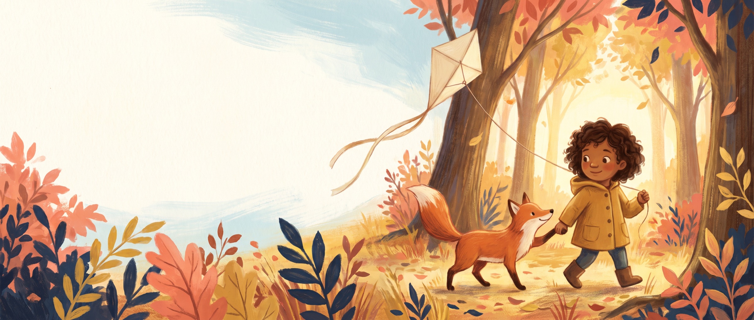 A child in a mustard coat walking hand in hand with a fox through a golden autumn wood, a paper kite trailing behind them