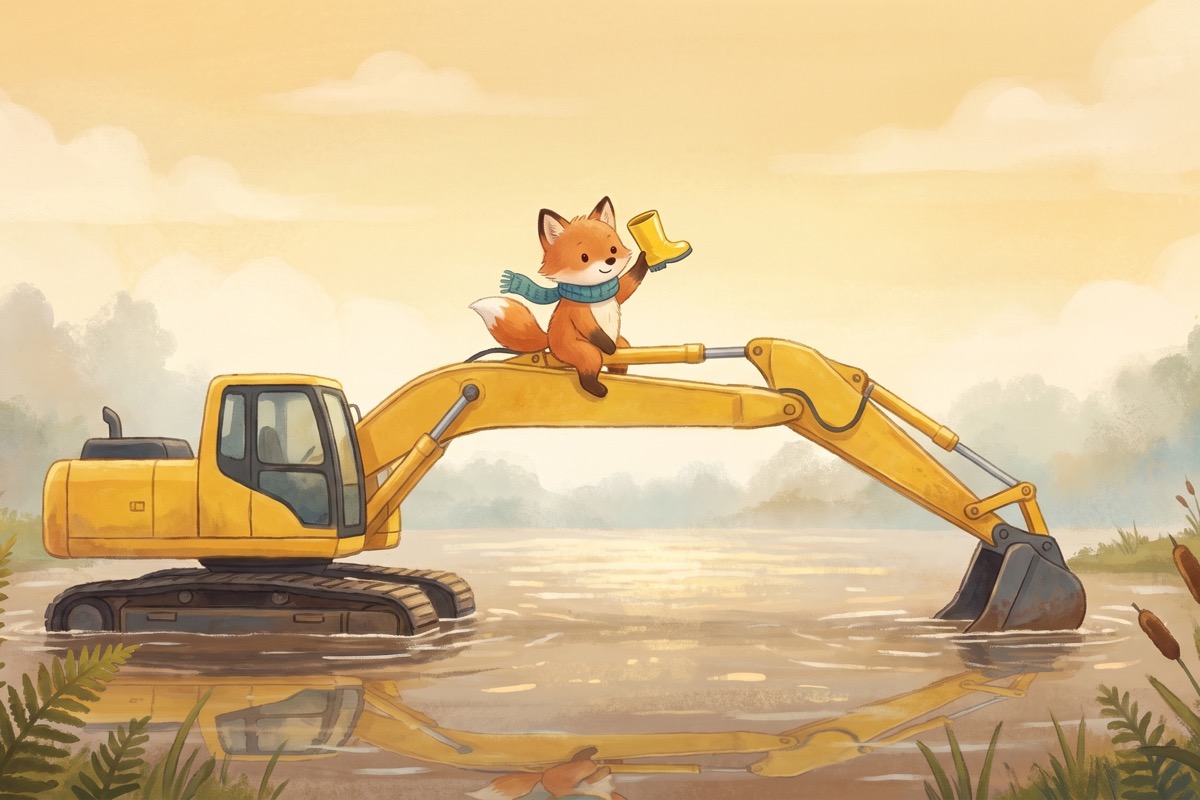 A fox cub riding the arm of a yellow digger across a flooded clearing at golden hour