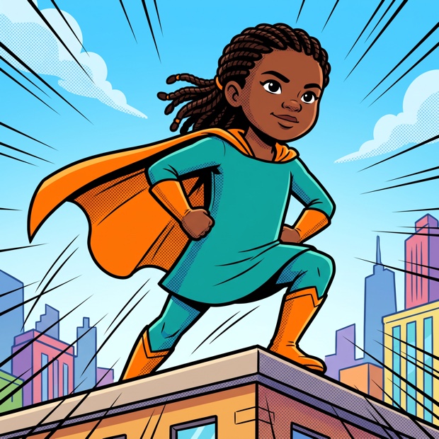 A child illustrated in the Comic book hero style