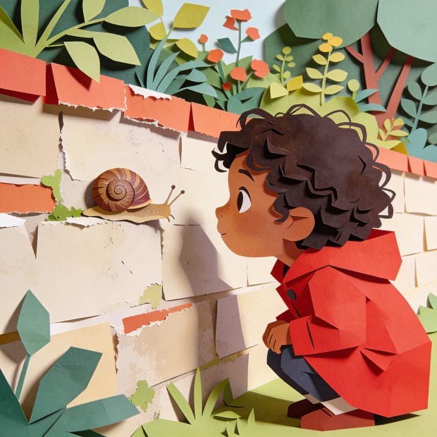 The same child illustrated in the Cut paper style