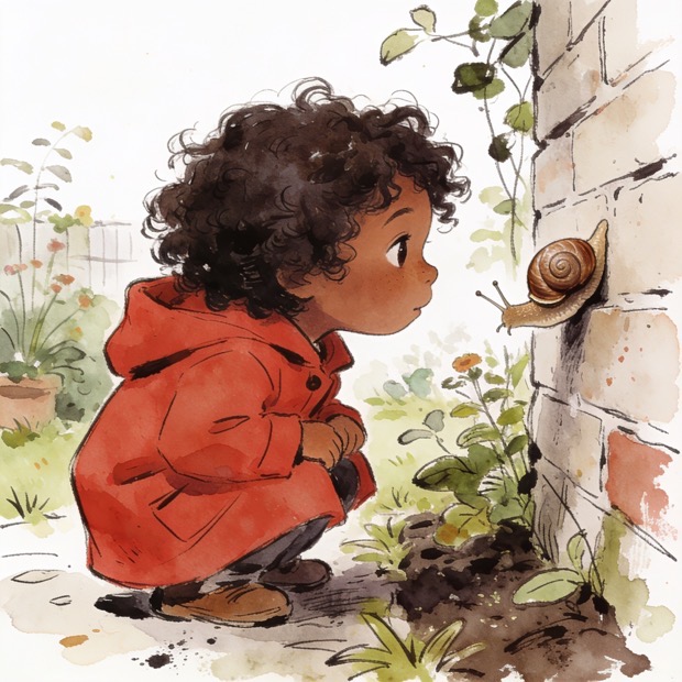 The same child illustrated in the Ink and wash style