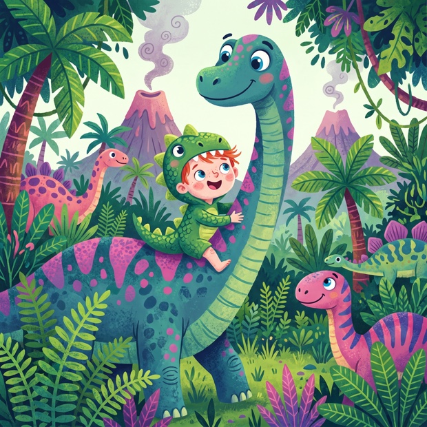 A child illustrated in the Dinosaur world style