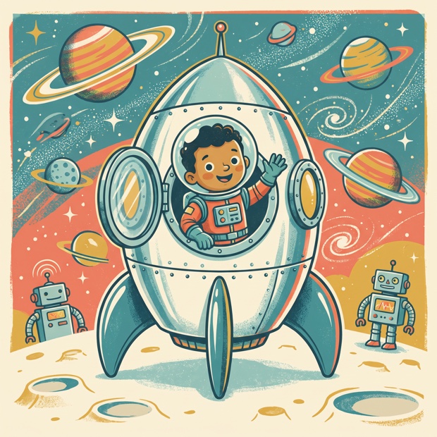 A child illustrated in the Space adventure style